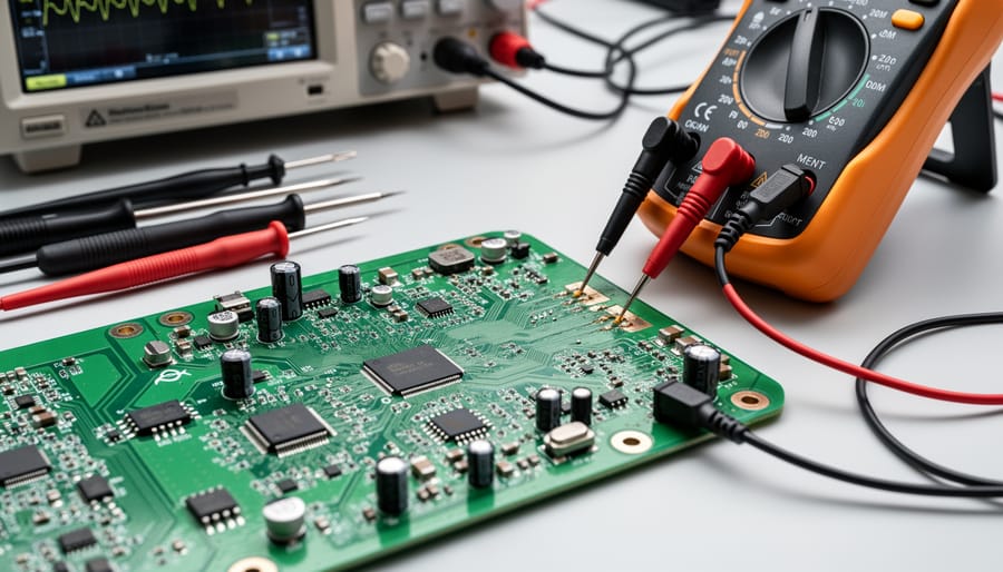 Close-up of a circuit board with solder joints and a multimeter probe on a workbench.