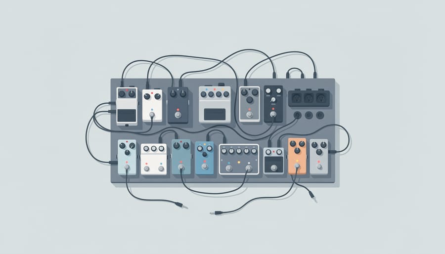 Pedalboard on a stage floor with unplugged patch cables and a power adapter, with stage lights in the background.
