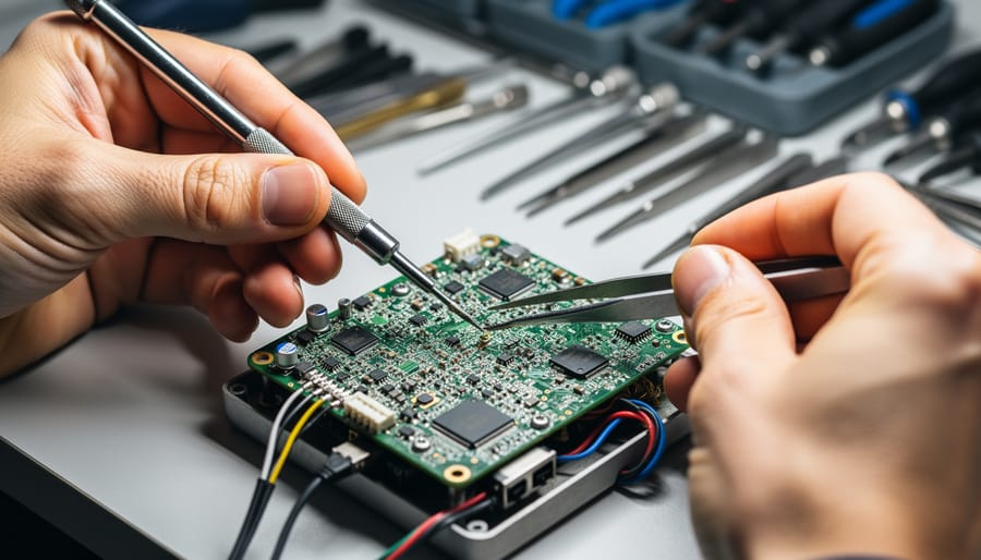 Technician’s hands holding an open electronic synthesizer control panel above an anti-static mat with precision tools.